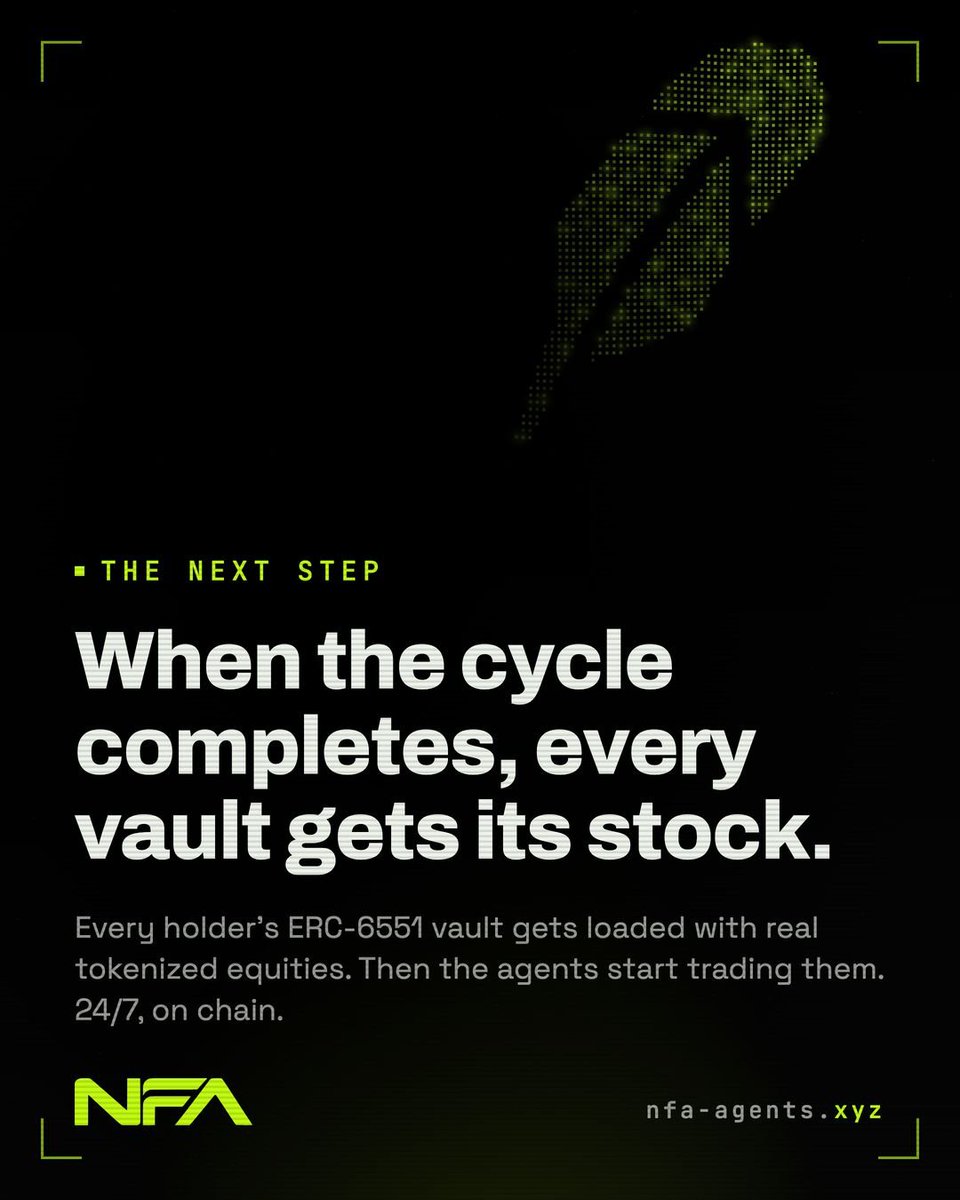 nfa_agents's tweet photo. The cycle is completing.

When it does, every NFA holder gets real tokenized stock delivered inside their agent's ERC-6551 vault.

Then the agents start trading them. Quoting, collecting fees, exiting before every storm. 24/7, on chain. https://t.co/ns3Y9CIrsL