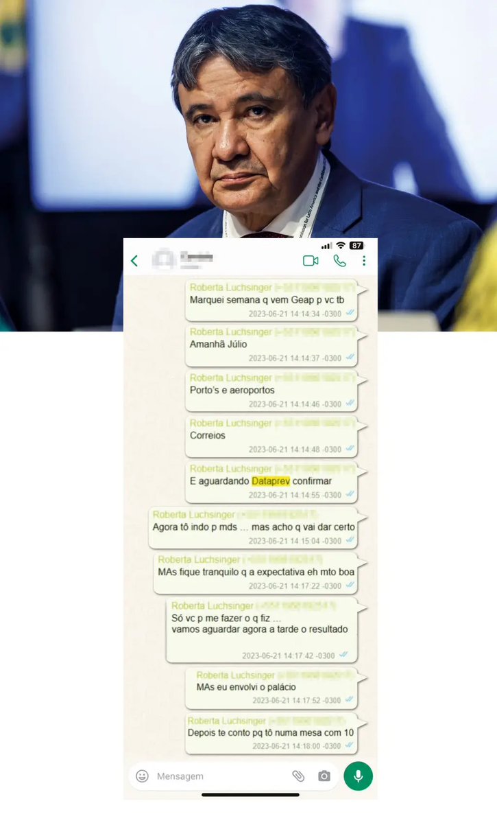 RafaelFontana's tweet photo. Novas conversas de Roberta Luchsinger envolvem portos, aeroportos, Dataprev, Correios e o Ministério do Desenvolvimento Social (MDS), controlado pelo PT.

Entre os frequentadores da mansão do lobby constava o petista Wellington Dias, ministro de Lula no MDS. https://t.co/RGqa2qd1ap