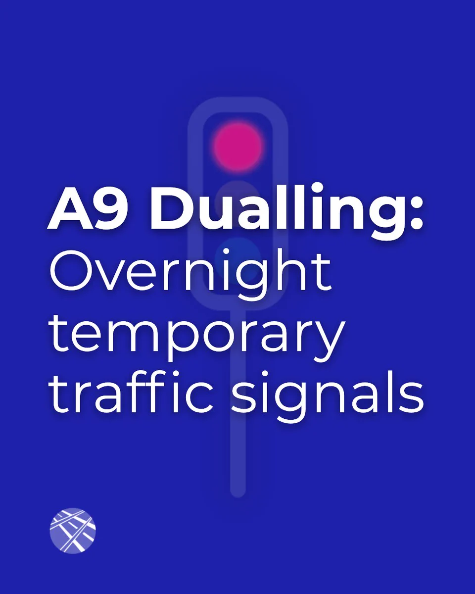 Traffic light icon. Traffic management update. A9 Dualling: Overnight temporary traffic signals.