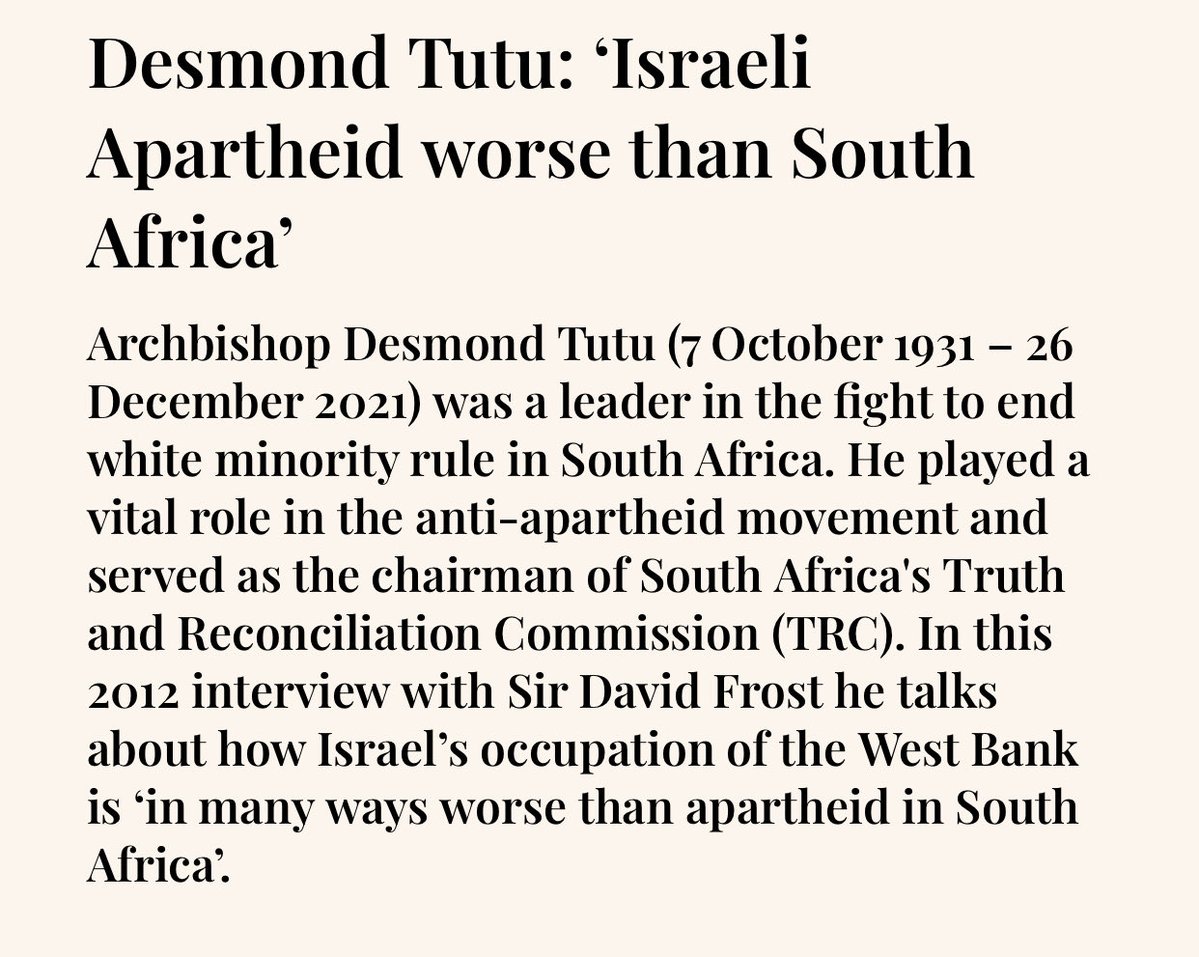 OFlahertySeamus's tweet photo. @for_frum @katie_k8nurse @RabbiPoupko Anti-apartheid leader Archbishop Desmond Tutu on why Israeli apartheid is more extreme than the apartheid he fought in South Africa.
https://t.co/XHRJF5cA87 https://t.co/YstfOU4GSh