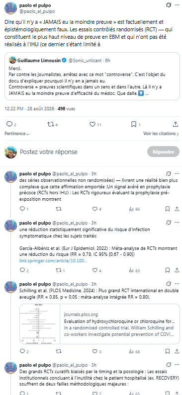 Sonic_urticant's tweet photo. J'ai joué à ça tout 2020 et 2021, répondant de façon documentée aux trolls qui se faisaient passer pour savants. Je leur montrais à quels endroits les études qu'ils brandissaient étaient pourries méthodologiquement, voire frauduleuses.
Je vais le faire une dernière fois.🔽
Ensuite je bloque le monsieur.
1) Le coup de la dose de charge de Recovery a été débunké des tonnes de fois. Quel que soit ce qu'on pense de la toxicité de cette dose, si en outre cette dose importante ne permet d'observer aucun effet contre la maladie, c'est poubelle pour ce médoc (faut être cohérent). Mais comme essai randomisé, il n'y a pas eu que Recovery, loin de là. il y en a eu une bonne centaine d'autres.
2) Concernant les études rétrospectives, alors là c'est bien plus risqué car encore davantage de biais possibles. Il faut savoir faire très bien les choses. Et heureusement puisque vous parlez de prophylaxie, il y a plein de malades d'autre chose qui doivent prendre de l'hydroxychloroquine tous les jours toute leur vie (par exemple contre le lupus). Tout comme d'autres chercheurs, le groupement EPIPHARE, qui sait bien faire les choses en pharmacovigilance et études rétrospectives en sachant éliminer les biais méthodo, a étudié 55000 de ces patients qui prennent de l'hydroxychloroquine tous les jours de leur vie. Et résultat : zéro, nada, que dalle : l'hydroxychloroquine tous les jours ne les a protégé de rien contre la covid :
https://t.co/u4meCbmRX9
D'autres équipes ont fait la même chose en Italie ou ailleurs. Pareil : que dalle, rien.
3) Et donc enchainons sur ce coup de la précocité du traitement, voire en prophylaxie, qu'on nous refait à chaque fois.
Ce monsieur me cite deux études qui sont de très beaux exemples d'études méthodologiquement pourries et biaisées, absolument pas fiables. L'une d'elle est même particulièrement problématique : on peut se demander l'intention des auteurs, vu les manipulations qui sont contenues.
La preuve ici pour l'une :
https://t.co/i1t8rcuzP2
Là pour l'autre :
https://t.co/Ob216t9DAd
4) En conclusion :
L'hydroxychloroquine contre la covid est très probablement le médoc ayant été le plus testé contre une maladie, de toute l'Histoire de la médecine (tenez, j'en parlais dans cette conférence : https://t.co/rvOjUkdCMX : des millions de patients inclus dans des milliers d'études, des centaines d'essais randomisés, des dizaines de millions d'euros au moins, une gabegie sans nom d'argent public).
A chaque fois les résultats des études sans biais méthodologique (les standards de méthodologie ont justement été conçus et améliorés par des collaborations mondiales de chercheurs universitaires pour contrer les lobbys industriels) ont montré la même chose : que ce soit en prophylactique, en traitement précoce, en traitement avancé de la maladie, sur patients à risque de formes graves ou non, avec comorbidités ou non, quel que soit leur âge, associé ou non à l'azythromycine ou n'importe quelle autre poudre de perlimpinpin, et quelle que soit la dose : les résultats ont montré que ça ne marche pas, ou même pire : quand il y avait suffisamment de patients inclus, ça a démontré la surmortalité (de 11% dans la plus grande méta-analyse https://t.co/Fx6YQ1epsq dont l'auteur principal est adulé par Didier Raoult lui-même : le sort est parfois ironique).
Et c'était tout à fait prévisible : la dose nécessaire en tube à essai pour tuer le virus dépasse plusieurs fois la dose létale. En culture cellulaire de poumon infecté : idem. Sur des singes (les plus proches de nous) : idem. Etc, etc... A condition comme chaque fois que les études ne soient pas aussi nazes et violemment biaisées que celles que vous me brandissez ici. L'hydroxychloroquine ayant déjà été testée depuis des décennies contre de nombreux virus (y compris même des coronavirus). A chaque fois ça n'a jamais marché, parfois même ce fut délétère.
D'ailleurs il serait étonnant que depuis des décennies nous n'ayons aucun médoc antiviral "simple" pour aucun virus y compris tous les coronavirus, et là hop par miracle celui-ci fonctionnerait. Les rares antivirus qui marchent sont globalement de deux familles : les anti-protéases d'une part, les anticorps monoclonaux d'autre part. Dans les deux cas ça coute une blinde, et ça tabasse en effets secondaires.
Sinon, parfois, il existe des vaccins. Vous pouvez essayer. C'est très naturel, car ça utilise une usine hypersophistiquée pour fabriquer des anticorps ultra-spécifiques et parfaitement adaptés. Cette usine est le corps humain. Et ça ne coute presque rien.
Si vous voulez engraisser Big Pharma, surtout ne vous vaccinez pas : ils seront très contents de vous refourguer des anti-viraux à 1000 balles le comprimé, ou se goinfrer à vendre un max de matos hors de prix quand vous (ou votre mamie, au cas où vous vous croyez super-fort et à l'abri de tout, je vous le souhaite) couterez 100000 euros pour trois semaines de réanimation.
Maintenant, vous m'excuserez, je retourne à mes bissectrices pour mes élèves de 6ème. Parait-il que l'avenir de la Nation en dépend.

Désolé mais vous n'avez pas le niveau.🤷🔽