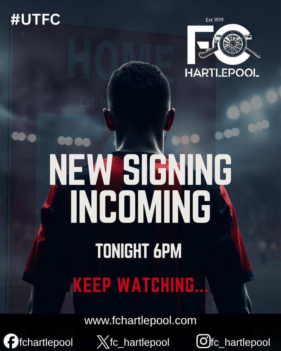 FC_Hartlepool's tweet photo. 🔴🔵 NEW SIGNING INCOMING… 👀

Another addition to the FC squad.

⏰ 6PM TONIGHT

#FCHartlepool | #UTFC https://t.co/TM9wxyNRyu