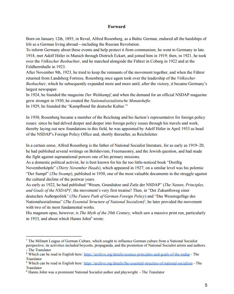 NSLitArchive's tweet photo. I am extremely excited to announce the publication of Alfred Rosenberg's first volume of collected speeches and writings, written from 1919 to 1933 - "Blood and Honor".

Featuring over 66 essays and speeches, the chief ideologue of the NSDAP outlines National Socialism, its struggle in the Weimar Republic, and its triumph over all odds in 1933; additionally, this book also features many footnotes for context and links to other translations of Rosenberg's works if you want to read more.

I want to thank @Libraryhz personally for contributing the English cover for this release, and I hope this work serves in the effort to conserve and keep National Socialism alive in the 21st century.

Read it here: https://t.co/qOxIs6xdgM