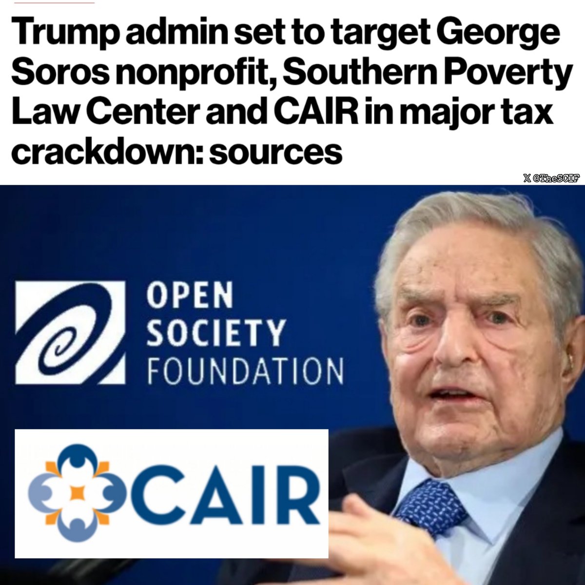 TheSCIF's tweet photo. BREAKING: Soros' tax-free empire destroying America is about to hit the chopping block!

Trump Treasury and the IRS are lining up a major crackdown on "fraudulent charities" with George Soros' Open Society Foundations, the SPLC, and CAIR in the crosshairs.

Plans are being drawn up to revoke 501(c)(3) status, trigger audits, and hit them with back taxes. The Soros network alone could owe $164 million. Political activism is about to get hit where it counts, their pockets. The bill may finally be coming due.
