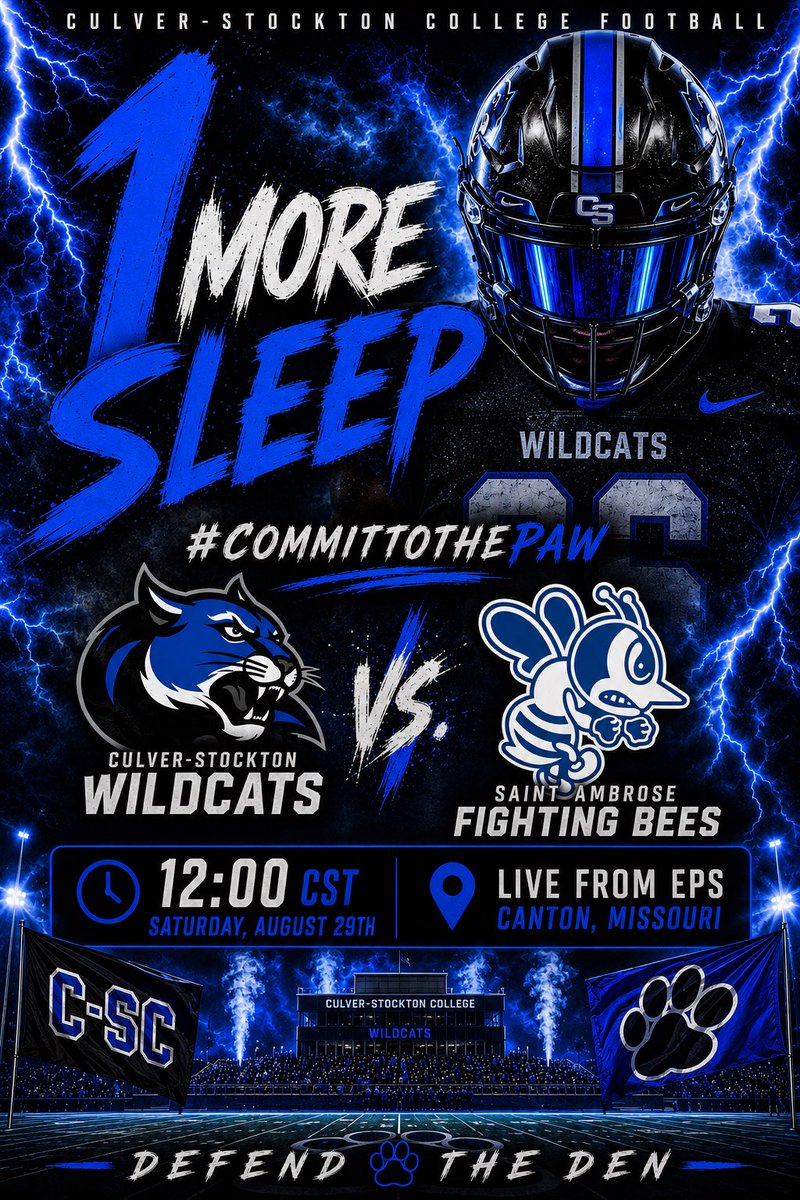 CoachCutshaw's tweet photo. Culver-Stockton College Football season kicks off TOMORROW at noon CST vs border rival Saint Ambrose from Ellison Poulton Stadium.
Follow game action live on the @UrbanEdgeTv
#CommitToThePAW ππΌπΎπ΅βͺοΈβ«οΈ https://t.co/MFZjd5rATb
