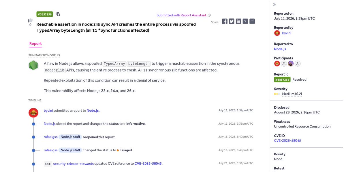 rynosec's tweet photo. ⚡ Reachable assertion in node:zlib sync API crashes the entire process via spoofed TypedArray byteL... 
👨🏻‍💻 @byvini_lf ➟ Node.js 
🟧 Medium
💰 None
🔗 https://t.co/vNcPNjwGai
#bugbounty #bugbountytips #cybersecurity #infosec https://t.co/x0iNihlyoD