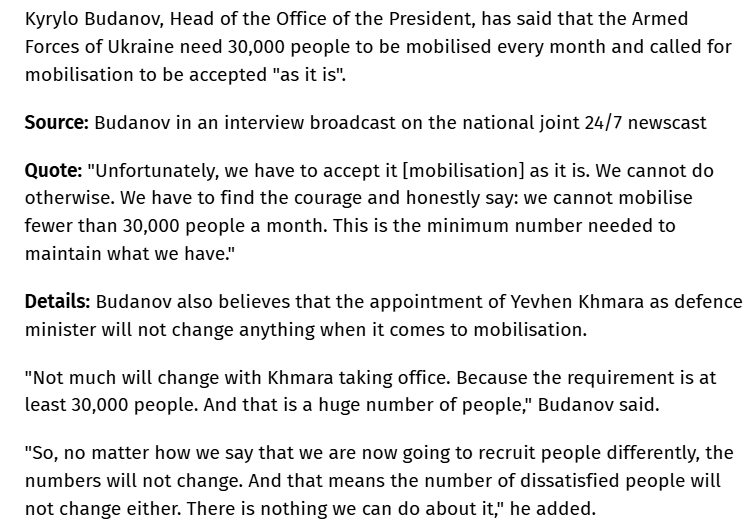 RALee85's tweet photo. Kyrylo Budanov: "Unfortunately, we have to accept it [mobilization] as it is. We cannot do otherwise. We have to find the courage and honestly say: we cannot mobilize fewer than 30,000 people a month. This is the minimum number needed to maintain what we have."
https://t.co/Oq4xjSY2UN