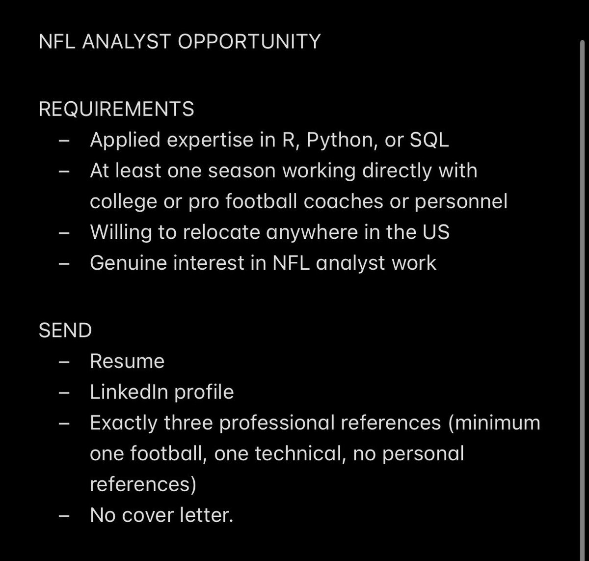 johnpark_52's tweet photo. Helping friends at another NFL team hire an analyst. Quick turnaround: if you meet every requirement below, DM me by Tuesday, 9/1 at 1pm CT. Qualifying messages go straight to the hiring manager. Incomplete or noncompliant messages will be deleted. https://t.co/yvNtfYLnI8