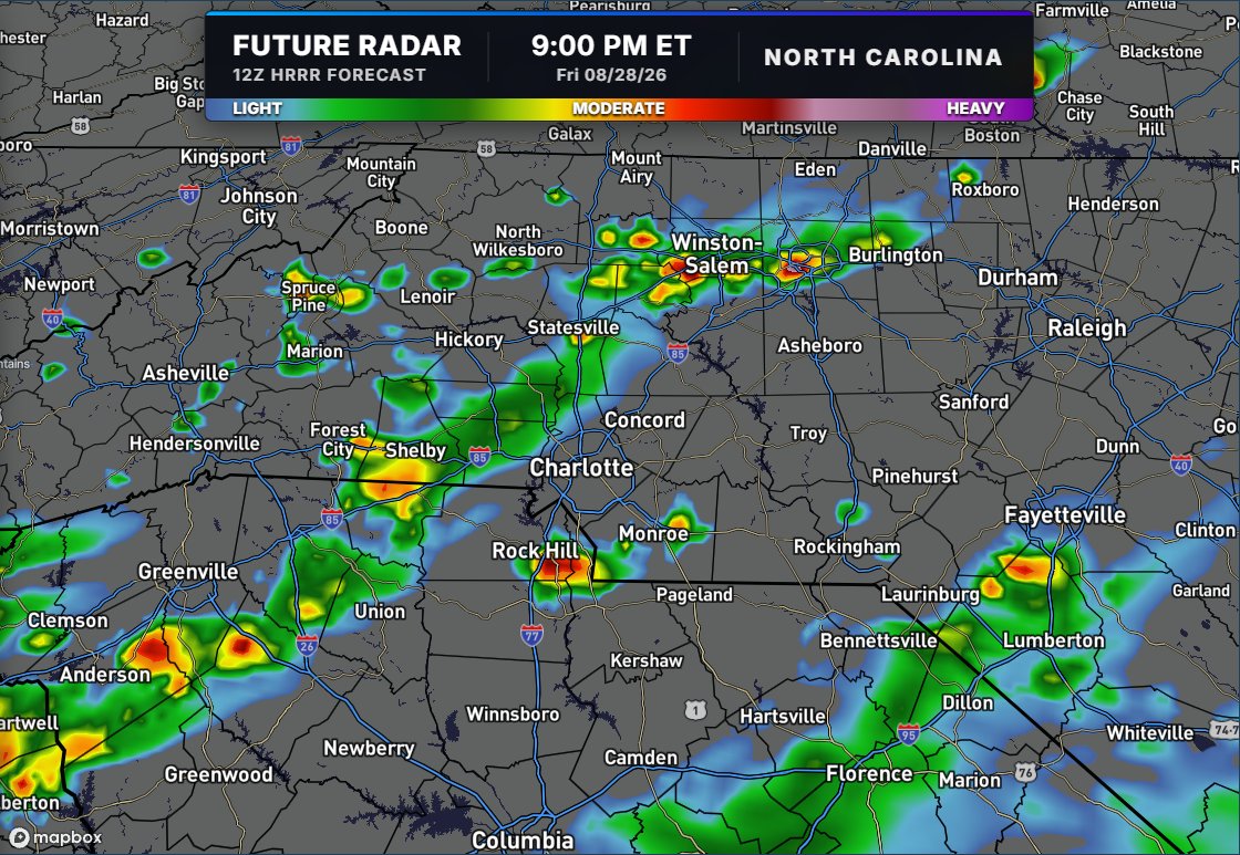 wxbrad's tweet photo. Tonight's Storm will be scattered, but it will be around 6- 10 p.m. So lightning risks the high school football game, and the Panthers' preseason game is possible. Heavy downpours in these cells, just like last night. #cltwx #ncwx #scwx #wxbrad https://t.co/PHQQscuPfh