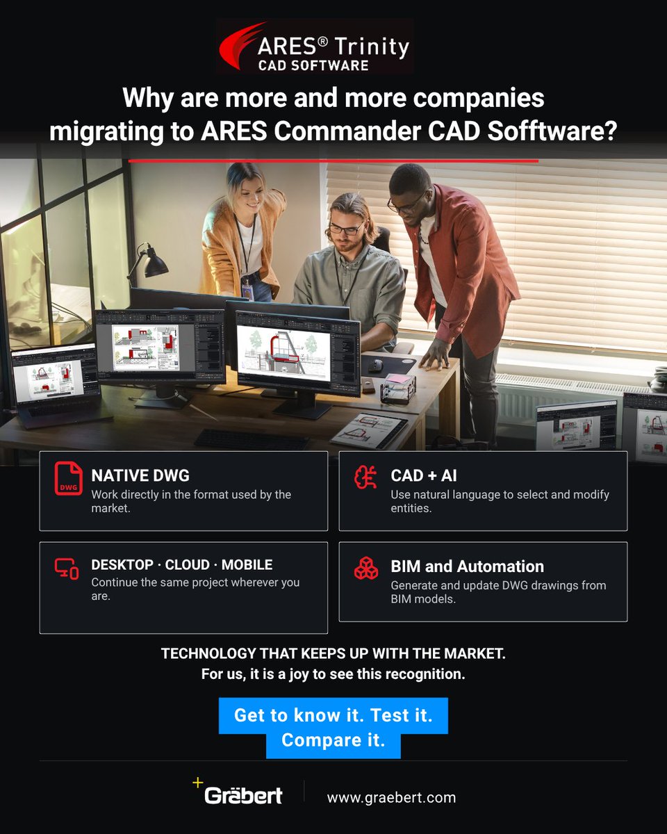 graebertcad's tweet photo. Why are companies migrating to ARES Commander? 
🔹Native DWG 🔹CAD+AI (natural language editing) 🔹Desktop·Cloud·Mobile 🔹BIM automation

Technology that keeps up with the market.
Test it → https://t.co/alex6hhU02

#CAD #DWG #Gräbert https://t.co/uAzNb2MGLN