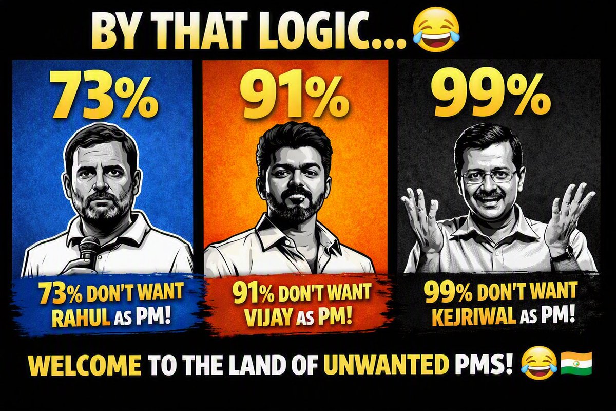 Awinashdelhi's tweet photo. @CJP_for_India BY THAT LOGIC… 😂 
73% don’t want Rahul
91% don’t want Vijay
99% don’t want Kejriwal… 

Welcome to the Land of Unwanted PMs! 🤣 https://t.co/CotBtLqqLW