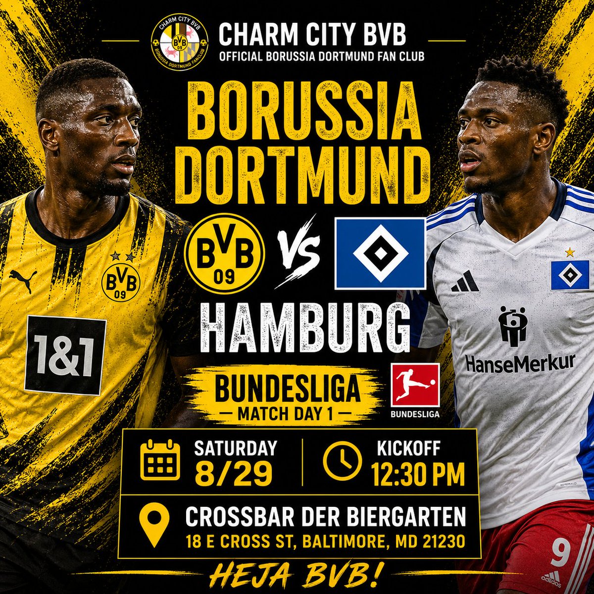 CharmCityBVB's tweet photo. Who's ready for the 2026-27 @Bundesliga_EN season? We will be out at Crossbar this Saturday to watch our @BlackYellow take on @HSV! We hope to see you there! #hejabvb https://t.co/YqIOddMC6G