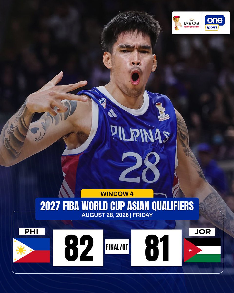 OneSportsPHL's tweet photo. LAKAS NG PINOY! 🇵🇭🔥

Gilas Pilipinas comes through with a gutsy win over Jordan to open Window 4 of the FIBA Basketball World Cup 2027 Asian Qualifiers, giving the Philippines a strong start to the second round of the competition.

Catch the Philippines in action in the FIBA Basketball World Cup 2027 Asian Qualifiers this Sunday at 8:00 p.m., LIVE and FOR FREE on the One Sports YouTube Channel! 

#GilasPilipinas #FIBAWCAQ