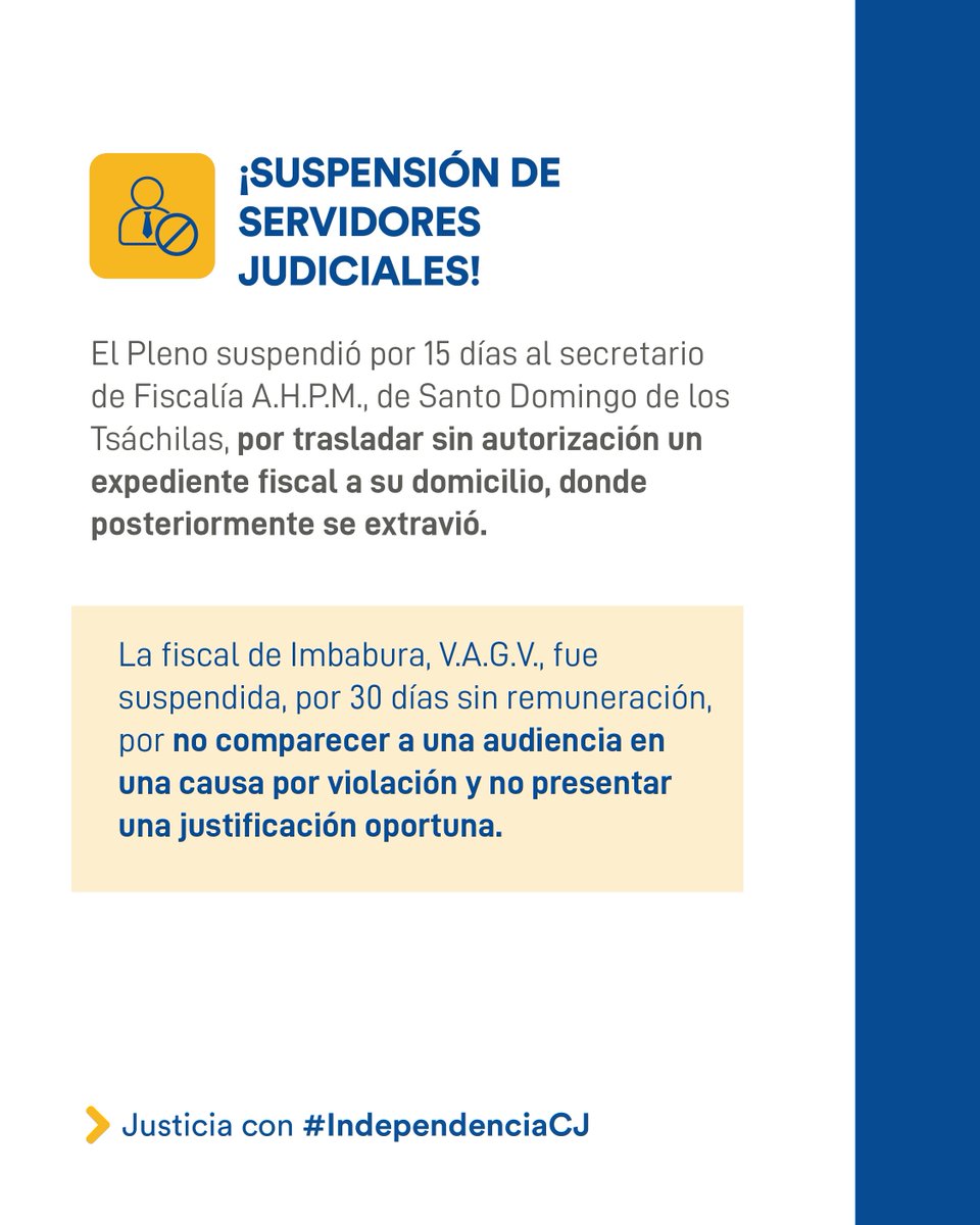 CJudicaturaEc's tweet photo. #ElPlenoActúaCJ | Sesión Nro. 124-2026

⚖️ El Pleno adoptó decisiones firmes en materia disciplinaria, con suspensiones, sanciones y nuevas investigaciones para determinar responsabilidades.

📄 Además, se declararon nulidades y prescripciones de expedientes, garantizando el debido proceso y el cumplimiento de los plazos legales.

👇 Desliza y conoce las principales decisiones de esta sesión.

#JusticiaConIndependenciaCJ ⚖️