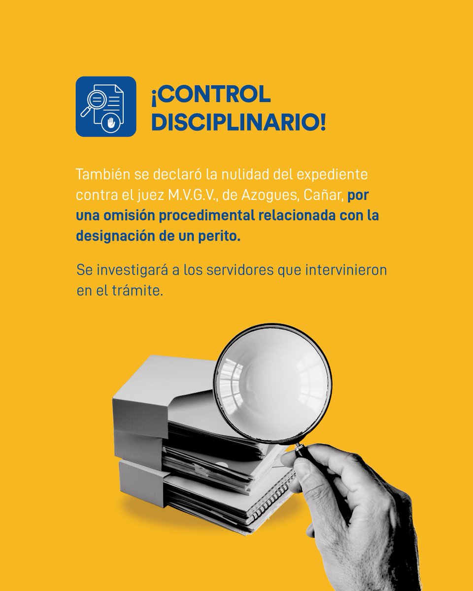 CJudicaturaEc's tweet photo. #ElPlenoActúaCJ | Sesión Nro. 124-2026

⚖️ El Pleno adoptó decisiones firmes en materia disciplinaria, con suspensiones, sanciones y nuevas investigaciones para determinar responsabilidades.

📄 Además, se declararon nulidades y prescripciones de expedientes, garantizando el debido proceso y el cumplimiento de los plazos legales.

👇 Desliza y conoce las principales decisiones de esta sesión.

#JusticiaConIndependenciaCJ ⚖️