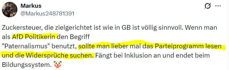 tc_blau's tweet photo. @Markus248781391 @nguyen_afd Ah, sorry. Hab ich ganz übersehen, dass deine Kritik von Anfang nicht auf die AfD bezogen war, sondern auf alle Parteien. Und der Spagat von der Zuckersteuer zu Inklusion. Chapeau. Das muss dir erst mal einer nachmachen. https://t.co/wEQA9aLROL