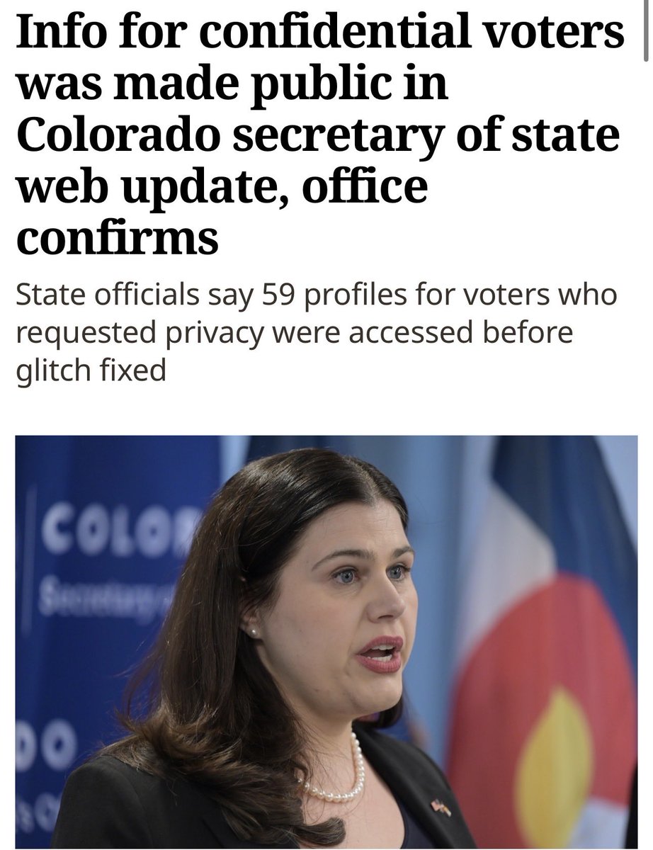 LarimerGOP's tweet photo. New reporting from The Denver Post: the Secretary of State’s Office made information for more than 130,000 confidential voters publicly searchable for over a week after a website update went wrong.
Officials confirmed 59 of those protected profiles were accessed before the problem was found and fixed.
These are people who asked the state to keep their information private, often for safety reasons!
This also isn’t the first data incident under Jena Griswold’s watch. In 2024, her office posted a spreadsheet with partial passwords to parts of Colorado’s voting systems. 

We need @MichaelAllen4CO as our next AG to ensure we bring justice back to CO 
And 
We need @redflameliberty to secure our election system!