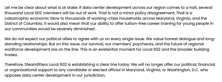 LoganDobson's tweet photo. Based Steamfitters Union Local 602: "We will no longer offer our political, financial, or organizational support to any candidate or elected official in Maryland, Virginia, or Washington, D.C. who opposes data center development in our jurisdiction." https://t.co/F3Jsh1kdbM https://t.co/3RknS58zhl