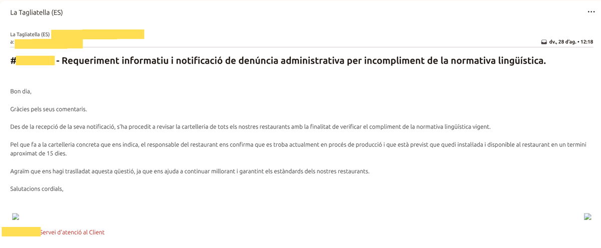 miqu3lm0la's tweet photo. ACTUALITZACIÓ:

La seu central de @LaTagliatella confirma per escrit que: 

1 -Ha iniciat la revisió de la cartelleria de tots els seus restaurants a Catalunya.
2 -En un termini de 15 dies s'instal·larà la nova retolació a l'últim establiment reclamat.

Gràcies a tothom https://t.co/eHlUjh3gyy