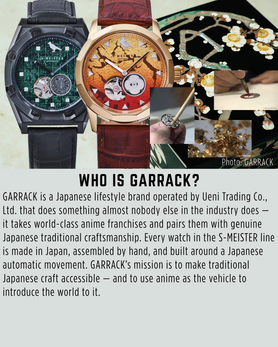 JPFactoryYT's tweet photo. GARRACK is the Japanese anime watch brand you need to know about. Every S-MEISTER watch uses a different traditional Japanese craft — Kanazawa foil, 1,300-year-old Awa Washi paper, or Raden mother-of-pearl — all applied by hand. https://t.co/0uvb3fQTeX
