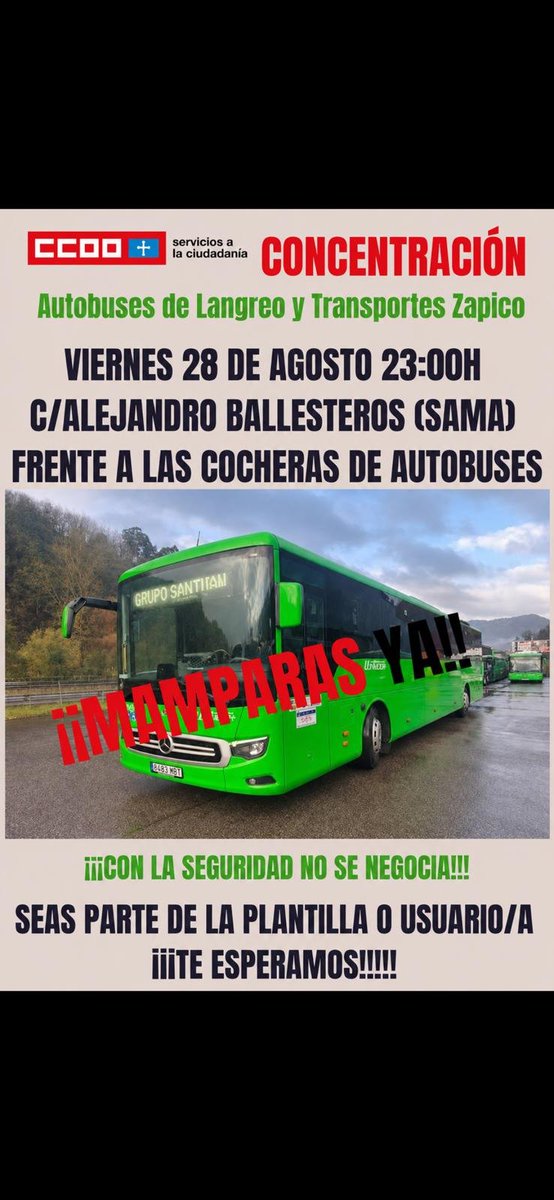 CCOOdeAsturias's tweet photo. Esta noche, concentración por la seguridad del personal del transporte "búho" del Nalón y la colocación de mamparas en los servicios nocturnos. https://t.co/9LOqy0J4vl