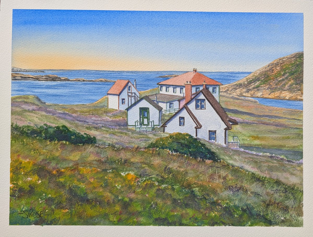 SamRoseArt's tweet photo. Overlooking the Grenfell Hospital, Battle Harbour, Labrador in watercolour https://t.co/U6DfxS54CM
