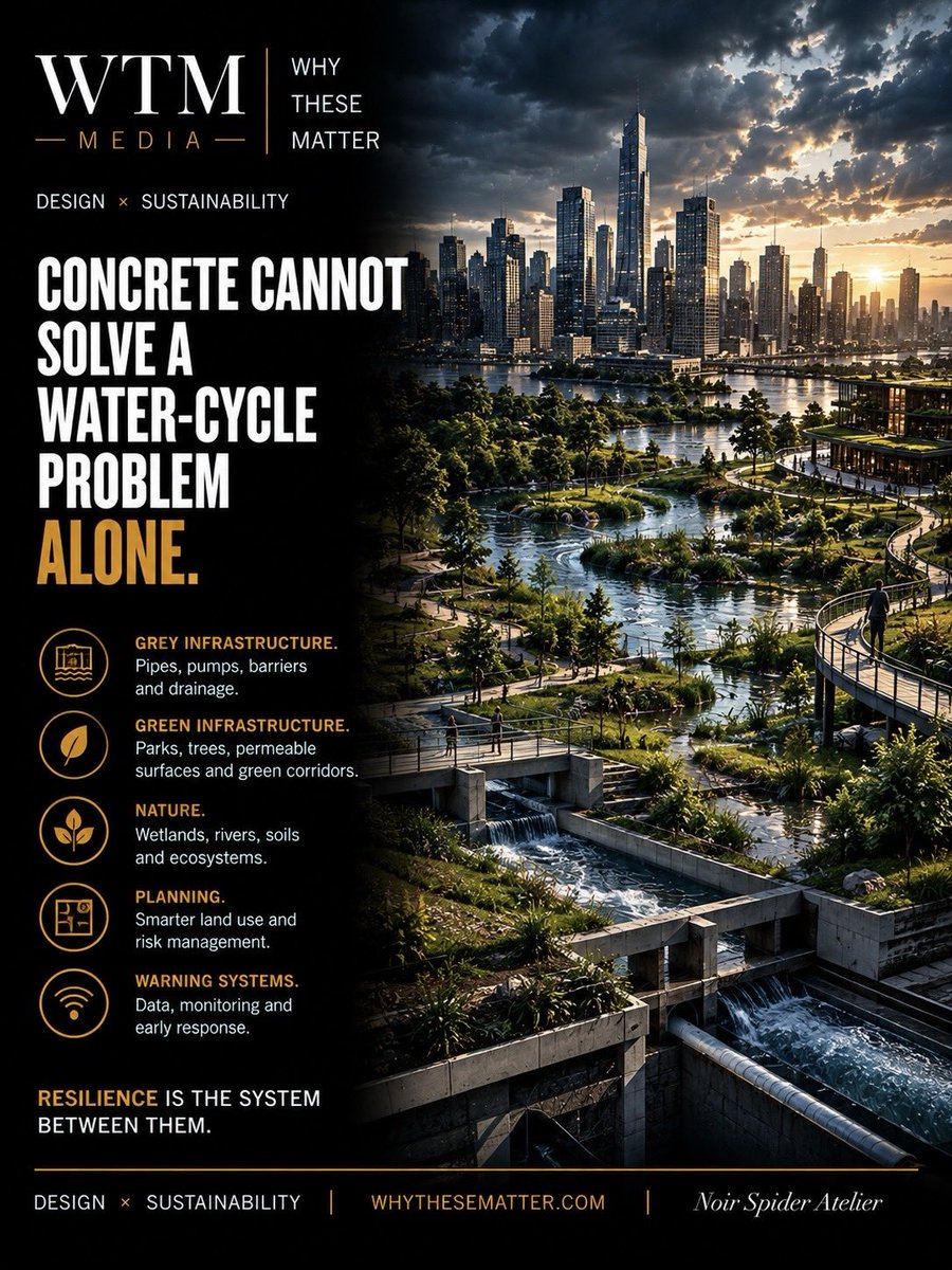 whythesematter's tweet photo. For more than a century, cities were designed around a deceptively simple idea: make water disappear.

Rain hits roofs, roads and pavements. Drains capture it. Pipes bury it. Pumps move it. Rivers are constrained. Wetlands give way to development.

But as extreme rainfall collides with increasingly impermeable cities, that architecture is reaching its limits.

The next generation of urban resilience requires a different question: What if the city itself became part of the water cycle again?

Parks can store stormwater. Wetlands can absorb it. Permeable surfaces can slow it. Streets can redirect it. Grey infrastructure can work alongside green infrastructure rather than attempting to replace nature entirely.

This is not simply an environmental issue. It is increasingly an architecture, infrastructure, insurance, property, investment and quality-of-life issue.

The most resilient city may not be the one that keeps every drop outside.

It may be the one that knows what to resist, what to absorb, what to redirect — and what to let in.

Read the full WTM Editorial Intelligence:
The City Must Learn to Live With Water⁠
https://t.co/nGiZQqG0ei

#WhyTheseMatter #WTMMedia #UrbanDesign #Architecture #SustainableCities 

Visual Intelligence by @NoirSpiderHQ