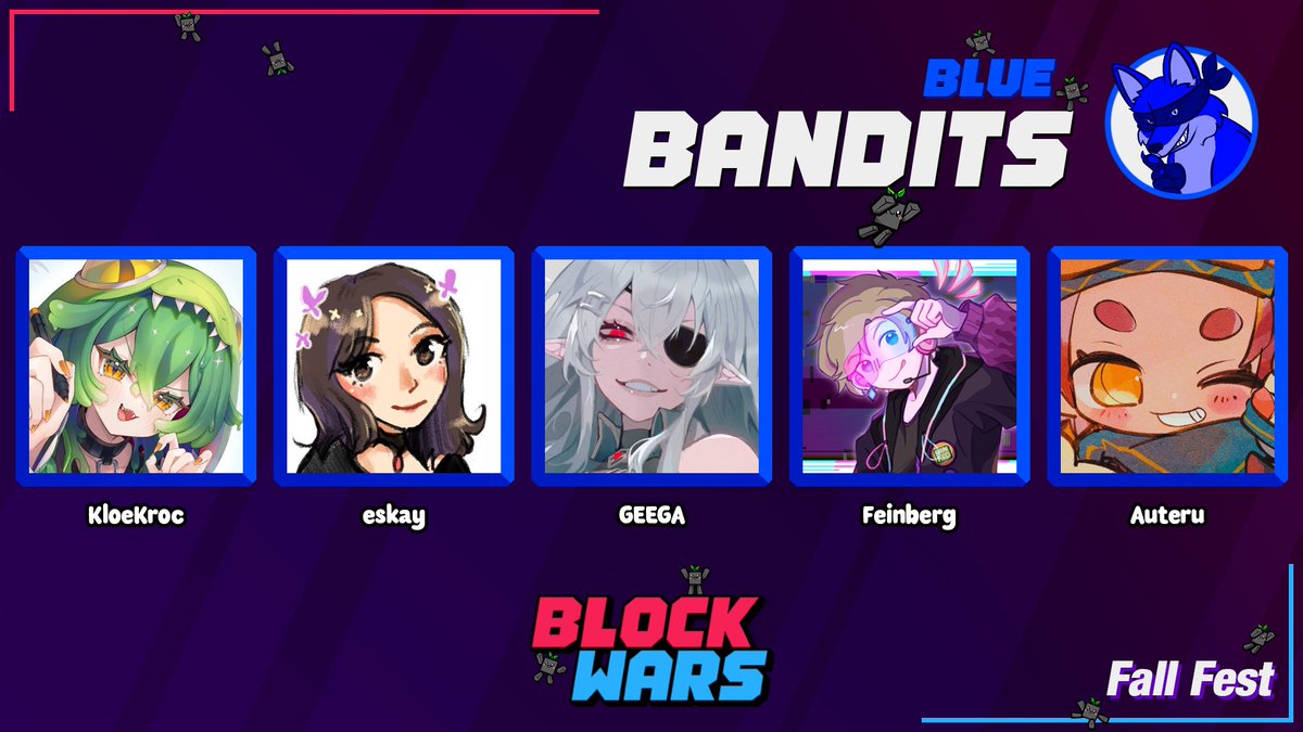 BlockWarsEvent's tweet photo. 📢Team Announcement📢

🍂Representing the Bandits for Block Wars Fall Fest, it's:
@KloeKroc
@eskay520 
@GeneralGEEGA
@feinberg_mc
@AuteruTori

Watch them compete live on September 12th at 2pm EDT / 7pm BST! https://t.co/9BOmBglsXF