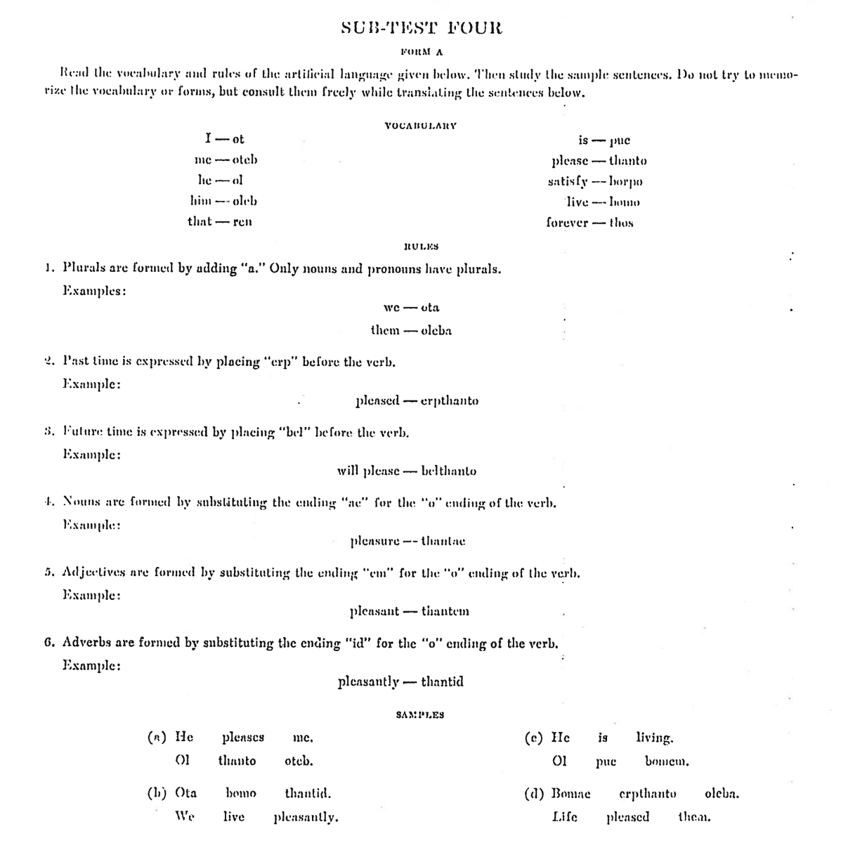 IterIntellectus's tweet photo. modern SAT tests if you can read
in 1926, when it was first introduced, they asked students to learn an invented language, understand the construction rules and then translate sentences back to english https://t.co/rFLmvldR1i
