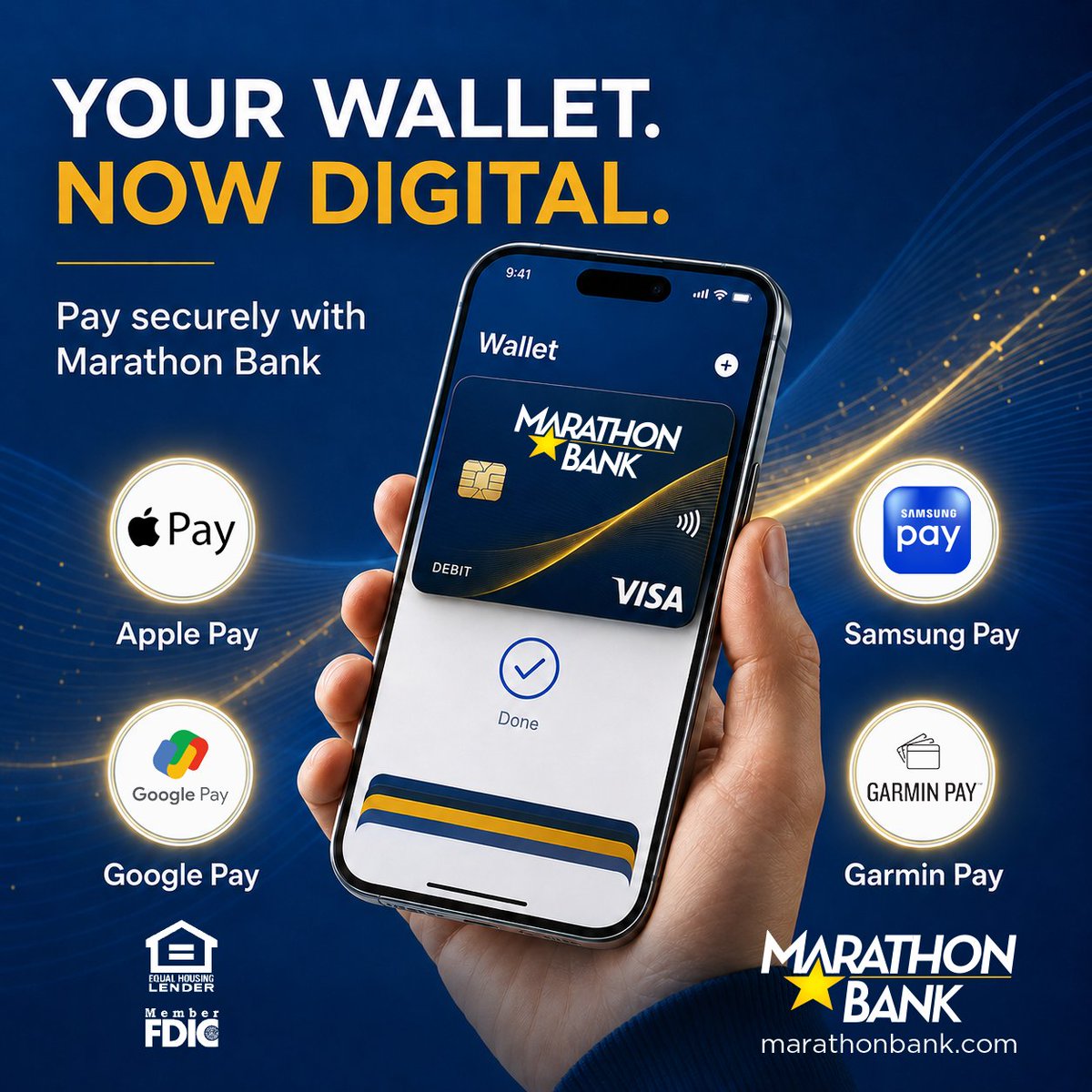 marathonbank's tweet photo. Your wallet just got lighter. Add your Marathon Bank card to your mobile wallet for a quick, convenient way to pay on the go – no need to reach for your wallet!
#MobileWallet #DigitalBanking #ContactlessPayments #ApplePay #GooglePay #SamsungPay #MarathonBank #MemberFDIC https://t.co/llqhSXoKcb