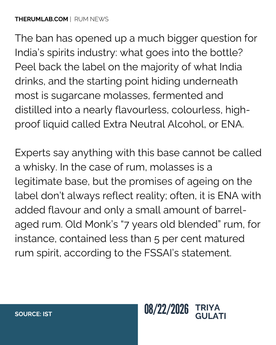 therumpour's tweet photo. RUM NEWS:
Earlier this month, the Food Safety and Standards Authority of India (FSSAI) banned a whole bar-full of popular rum and whisky labels after lab tests found they were using neutral alcohol and added flavour to mimic the real deal. 
#rumindustry #latestnews #TheRumLab https://t.co/tWNv2Id6lz