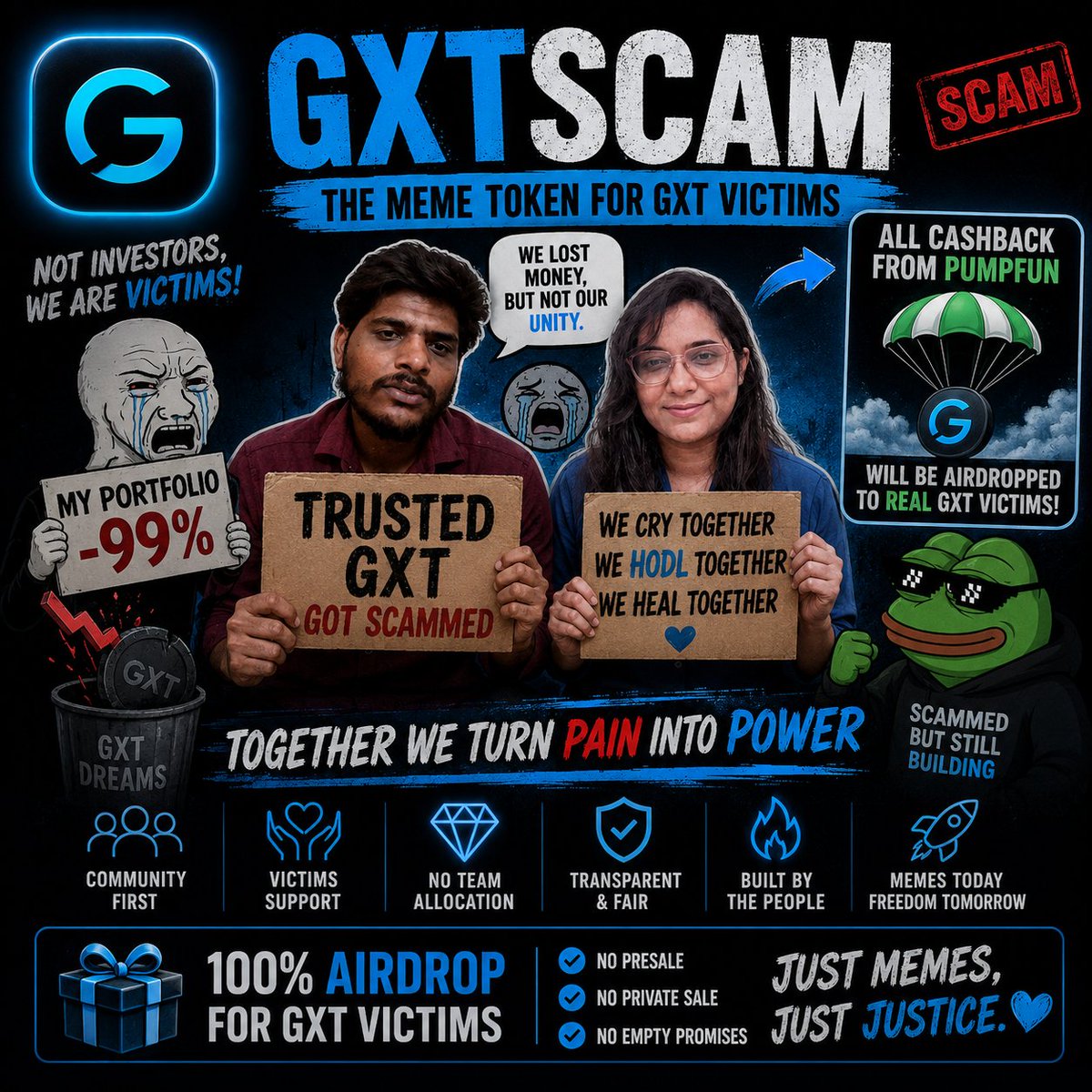 Gxtscam's tweet photo. Got rekt by GXT? You’re not alone. 💀
$GXTSCAM is a community token made to show solidarity in crypto.
If we reach $100K market cap, all PumpFun cashback will be used for an airdrop to eligible GXT victims. 🪂
I created a fresh wallet for full transparency.
No presale! https://t.co/SzQUq6LbvK