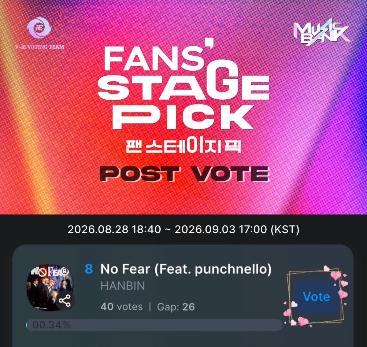 iEVotingTeam's tweet photo. [#COOCOONG] VOTE #HANBIN - KBS MUSIC BANK Fan's Stage Pick🏆

⏰ ~ 17:00 26.09.03 🇰🇷

🎁 Top 1 will receive the FAN'S Stage Pick trophy.

🗳️ 1 vote = 50💙💛
‼️ Note: 500 votes/session, with a 10-min cooldown.

🔗 Link vote: 
https://t.co/yoeP8VehNN

#TEMPEST #No_Fear #ViEVoting https://t.co/Wt0O5zUvwv