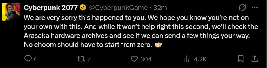 Grummz's tweet photo. An Indie dev at Gamescom got all their laptops stolen (and all the game builds on it).

Then CD Projekt Red and Cyberpunk 2077 stepped in and is sending him replacement hardware.

Gotta admit that's a pretty cool move. 

Con theft is pretty common, so we used to have (at Blizzard), removable drives that we would pull every night.