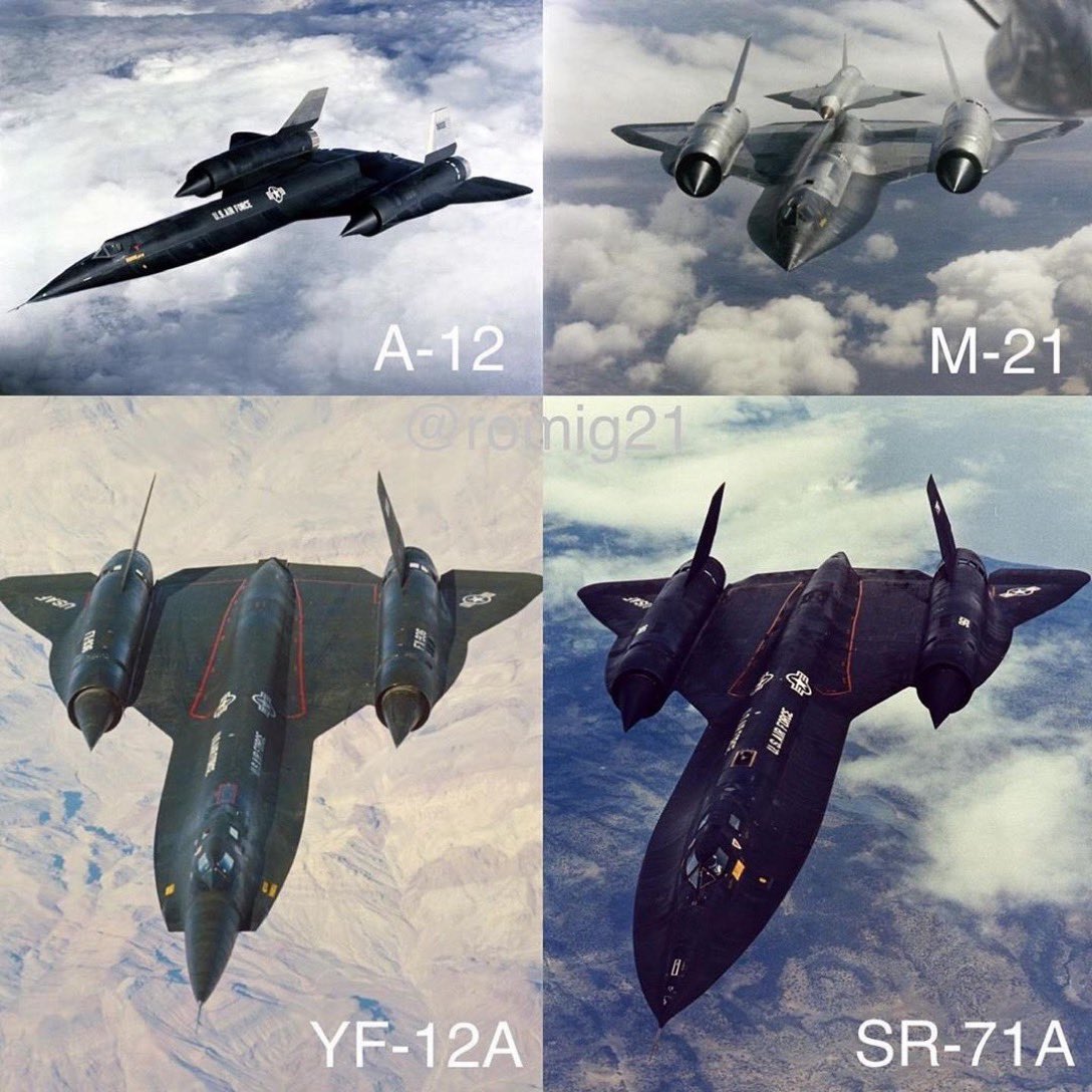 Habubrats71's tweet photo. These are the Blackbirds. They were all invented by the Skunk Works. Kelly Johnson was the leader of the Skunk Works. All four of these aircraft were capable of going Mach Three, that’s three times the speed of sound. They were all capable of going the same exact speed .
The Blackbirds all had a strict compressor inlet temperature limit of 427°C or 800°F. this limited the speed of the aircraft. In special conditions like war the wing commander could authorize the SR 71 to fly faster..

The A-12 is the only Blackbird that has one cockpit; all other versions have two cockpits. The A-12 could not take pictures while in a turn..
The YF-12 held to air-to-air 47 Falcon (GAR-9) missiles. It was not equipped with any Reconnaissance cameras. The YF 12 had a rounded nose because of the heavy nose radar. It lacked the continuous sharp side ridges chines. They ran all the way up to the front nose on the SR 71 and the A-12.

A-12 only held cameras and was owned by the CIA. 

The M-21 was built to launch D-21 drones. Together they were called the MD 21M was her mother D was daughter 21 was just 12 turned around.
YF-12 and M-21 where experimental aircrafts

The Blackbird that flew the longest was the SR-71 it had a variety of cameras and sensors. It was constantly updated with the latest electronic countermeasures. The SR-71 flew from 1966 to 1990. 
She is still the fastest-manned aircraft in the world ~ written by Linda Sheffield
