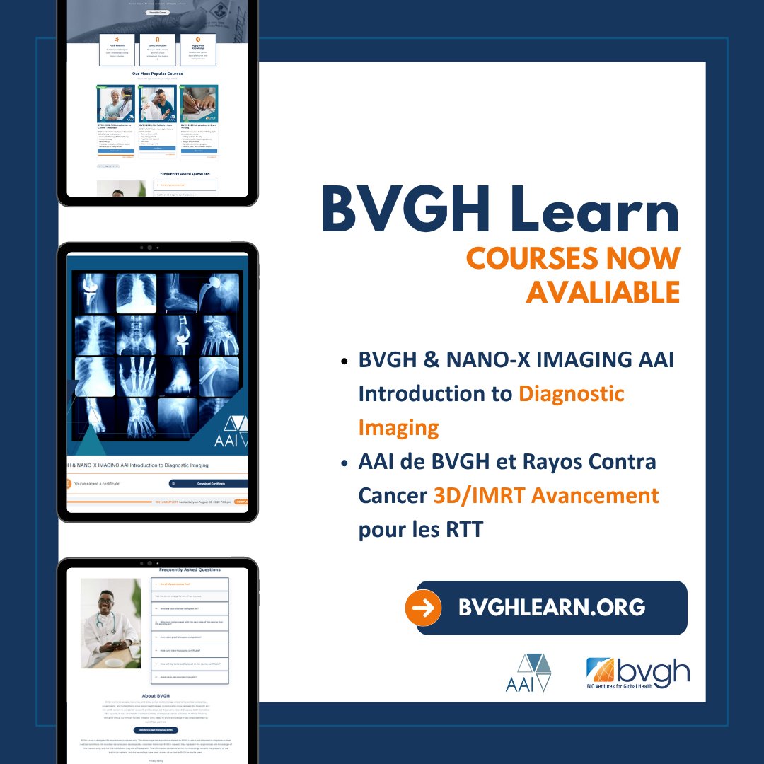 BIOVentures's tweet photo. We've released 2 more courses to our BVGH Learn platform on topics including diagnostic #imaging and #radiotherapy! All courses available on BVGH Learn address our LMIC partners’ priorities in cancer and infectious diseases. 

https://t.co/RySOrC8kCb https://t.co/dj7Dn90hER
