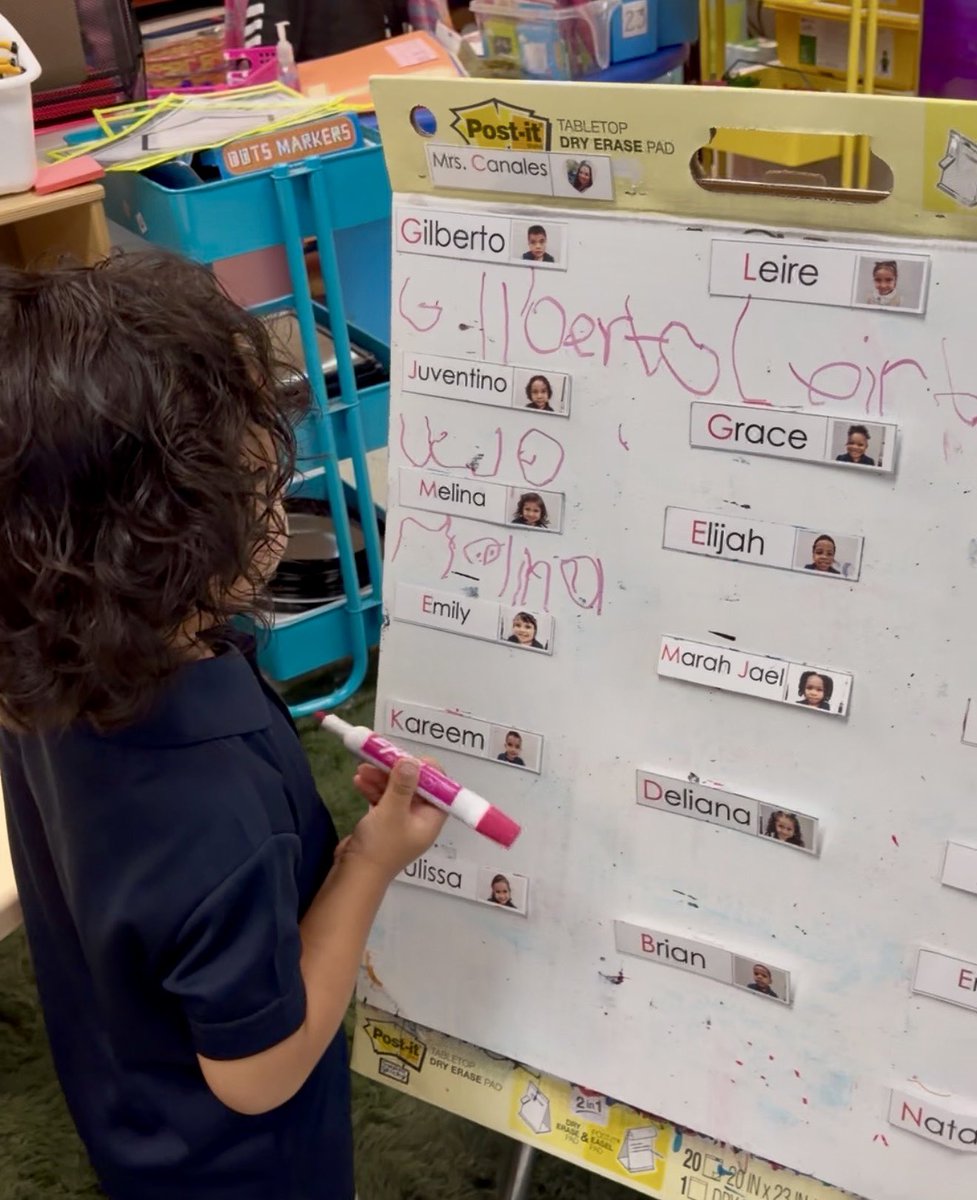 JulieFore21's tweet photo. PreK3 students in Ms. Canales’ class at Kleberg Elementary are engaging in scaffolded conversations as they greet one another, comparing heights during math learning, and are developing writing skills as they sign in daily by writing their names. 🤩 #DallasISDPreK
@PrincipalSingl2 @Region1DISD @disdstemmath @DrElenaSHill