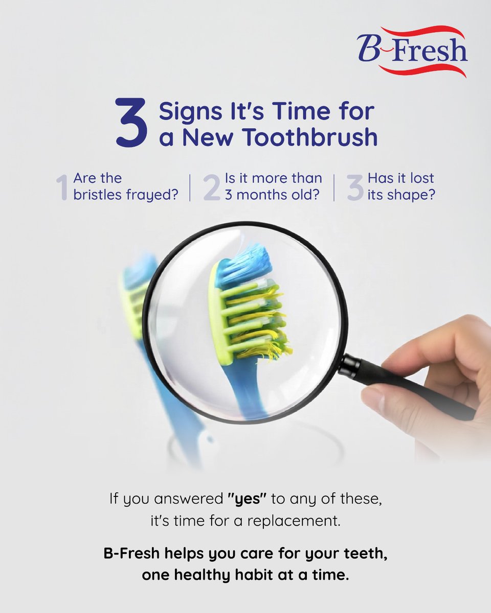 quantumconsu's tweet photo. Don't let a worn-out toothbrush compromise your oral health. If it's frayed, over three months old, or has lost its shape, it's time for a new one.
Enquiries: amitl@qpnlnig.com | +234 9121065640
#BFreshToothbrush #OralCare #HealthySmile #DentalCare #OralHygiene #QuantumConsumer https://t.co/SKCqjlEcBS