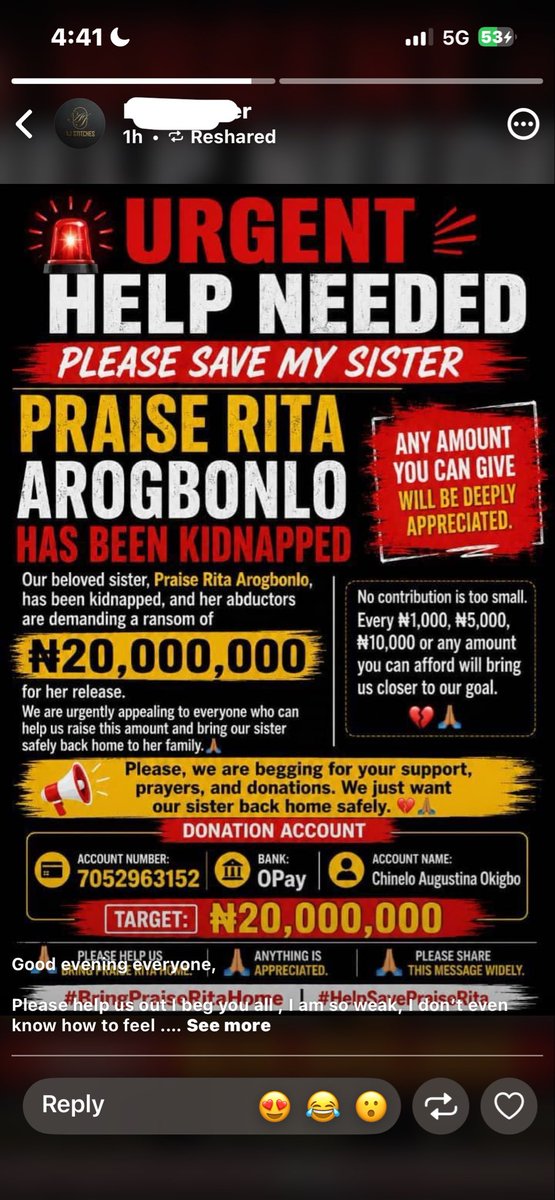 _Sokowonci_'s tweet photo. 🚨 URGENT: PLEASE HELP SAVE A LIFE 🚨

This is Praise Rita. She was kidnapped and her family is being asked to pay a ₦20M ransom. I’m personally contributing and appealing to anyone who can help. Every amount counts. Please donate if you can and RT widely, Let’s help save a life https://t.co/sW2HkuYvlN