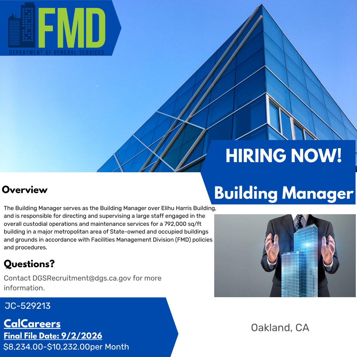 CalifDGS's tweet photo. Take charge of building operations, customer service, and maintenance strategy—guiding staff, managing budgets, and shaping a master maintenance plan that keeps one of California’s key facilities running at its best. 
https://t.co/jaQubW3kXw https://t.co/QFfZQZsKkt