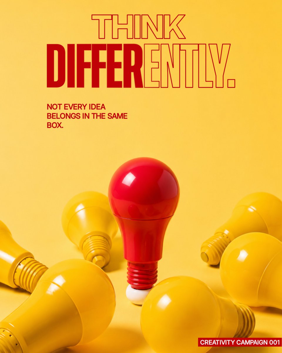 TobiIsBig's tweet photo. Day 11/30 🎨
THINK DIFFERENTLY.
For today’s challenge, I created an awareness poster centered on creativity, originality, and the courage to step outside the norm.
Not every idea belongs in the same box. 💡
#30DayDesignChallenge #GraphicDesign #Creativity #Design https://t.co/Q0wbJi4Ti9