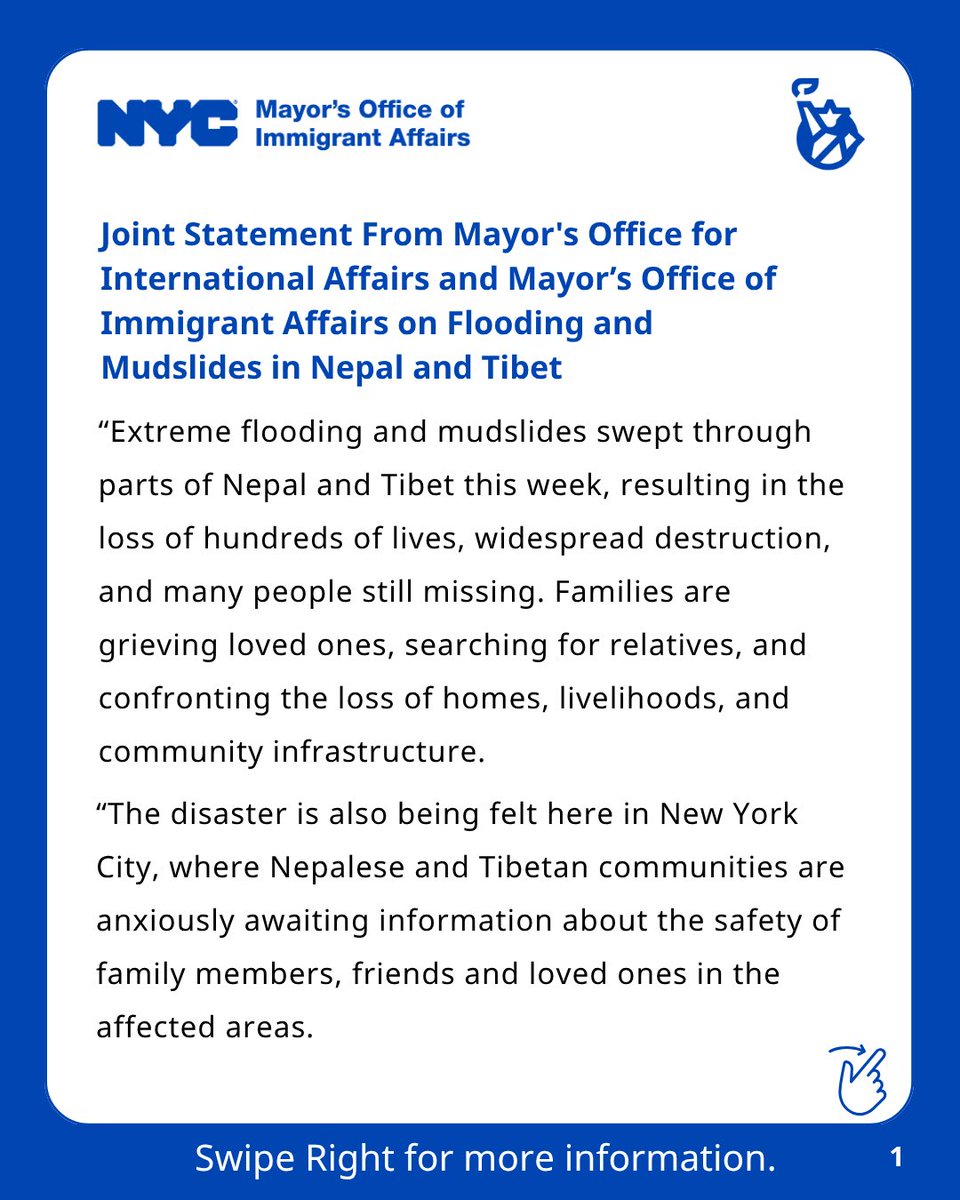 NYCImmigrants's tweet photo. 🧵1. Families are grieving loved ones, searching for relatives, and anxiously awaiting more information after extreme flooding and mudslides swept through parts of Nepal and Tibet.  
Read our statement with @globalnyc Commissioner Ana María Archila here:
https://t.co/HaAFB1o4WU https://t.co/mkEXO0h37m