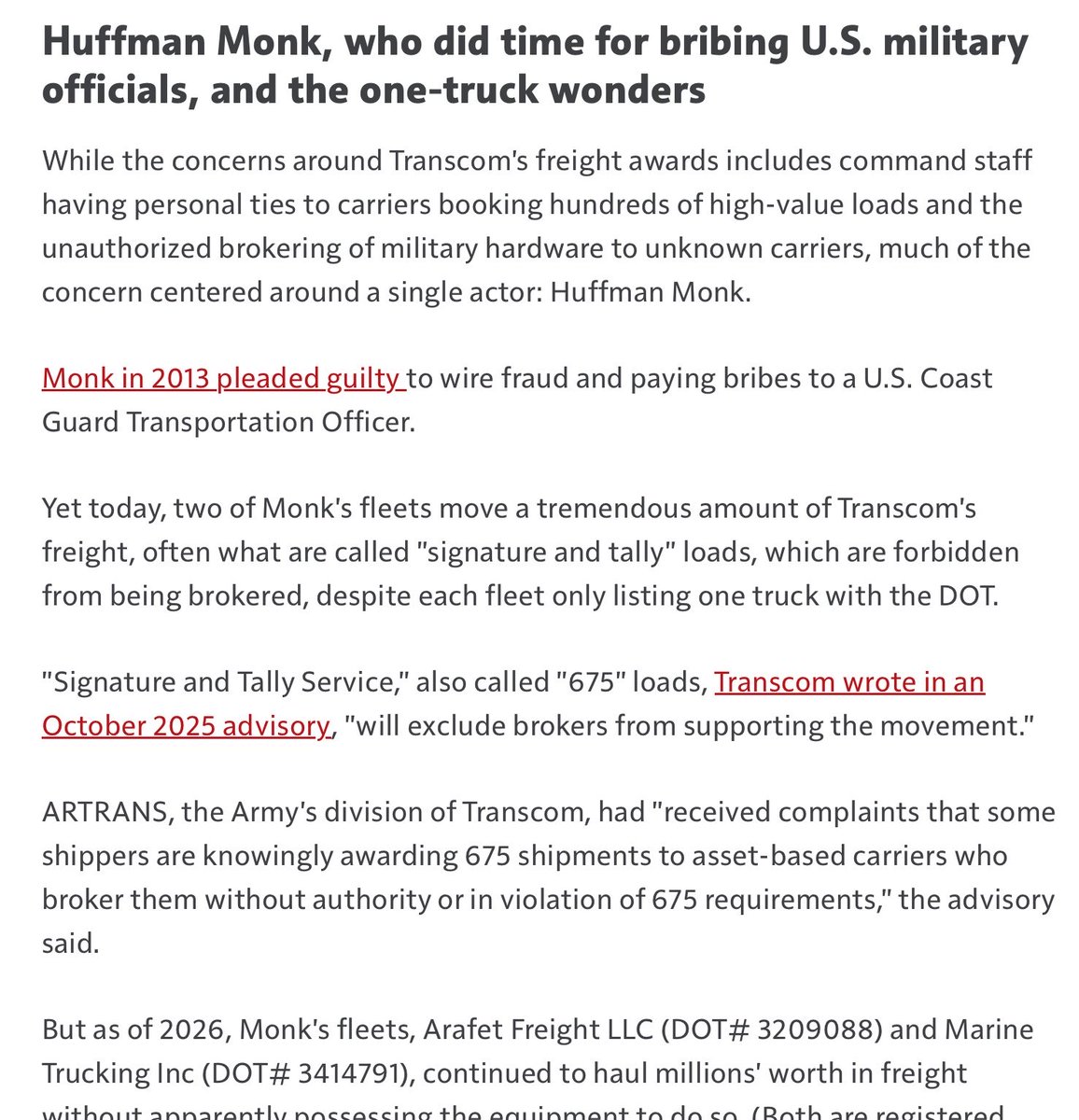 dmills3710's tweet photo. Millions in suspicious military freight awarded to convicted fraudster Huffman Monk's fleets

90-day period 4/27 - 7/27, Arafet contracted to haul 360 loads in Transcom's Global Freight Management system: $1.4M/13 different trailer types.

by Alex Lockie

https://t.co/pufiYBqxS0 https://t.co/7YlmKwwFAF
