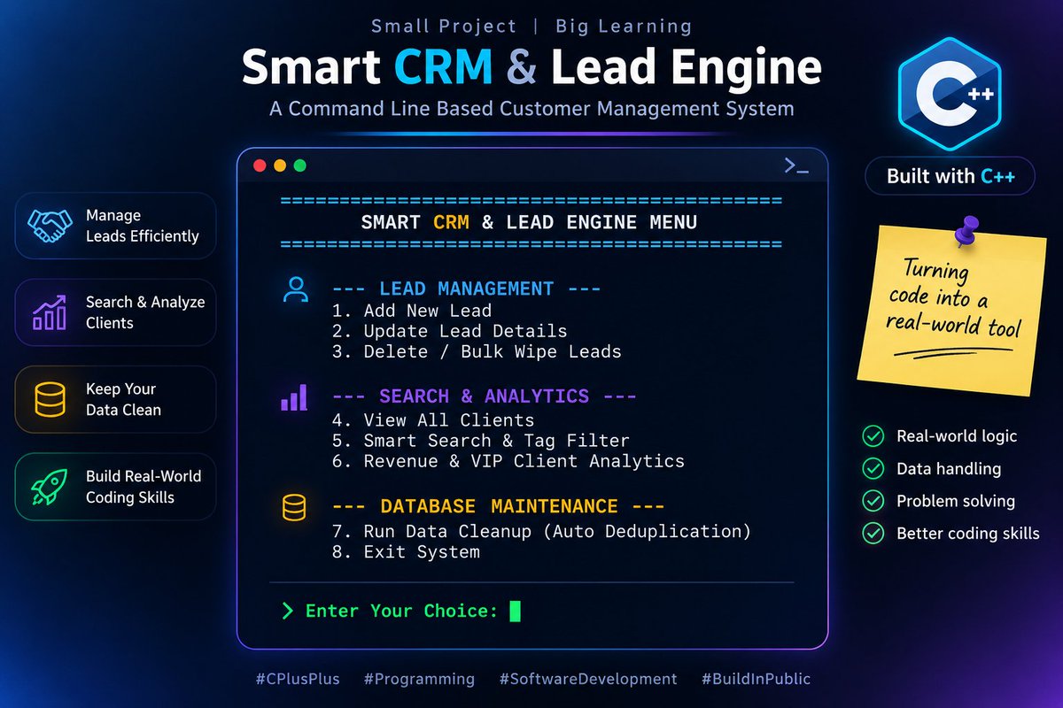 BuildWithMrinal's tweet photo. Day 13 of #100DaysOfCode 🚀

My C++ CRM was deleting @ from emails due to over-sanitizing! 🤦‍♂️

Fixed it + added File Persistence today:
💾 Custom |-delimited File I/O
🛠️ stringstream parsing (stol/stod)
🧹 Clean Git history via commit --amend

Data persists! 🔥 #cpp https://t.co/KP2jqeREdV