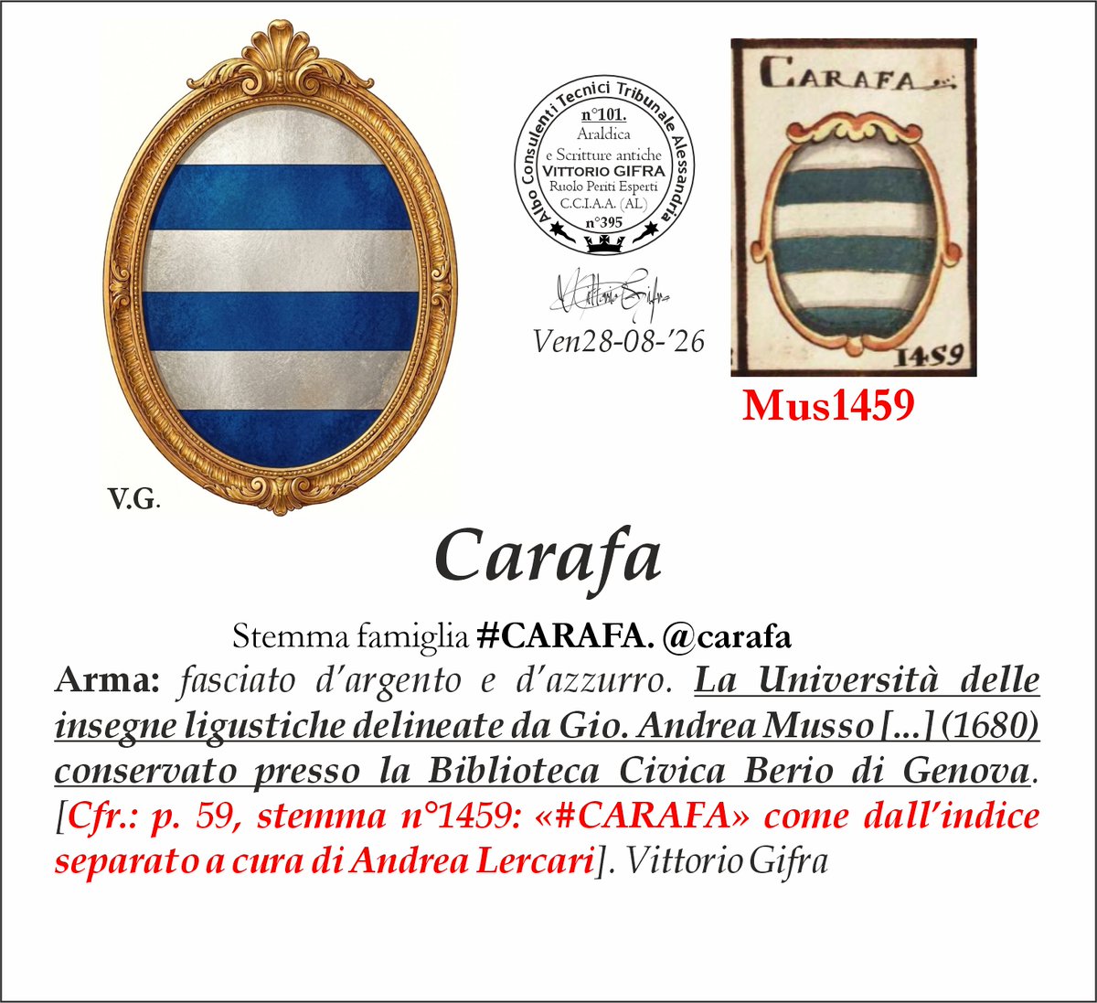 VGIFRA's tweet photo. Stemma famiglia #CARAFA. @carafa
Arma: fasciato d’argento e d’azzurro. La Università delle insegne ligustiche delineate da Gio. Andrea Musso [...] (1680) conservato presso la Biblioteca Civica Berio di Genova. [Cfr.: p. 59, stemma n°1459: «#CARAFA» come dall’indice separato a cura di Andrea Lercari]. Vittorio Gifra