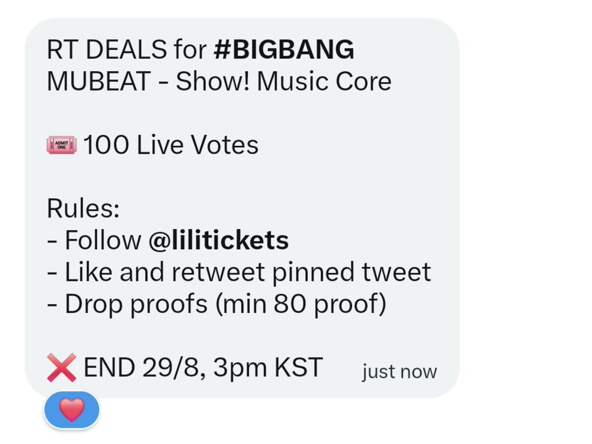 Byeol_iiix's tweet photo. 📣📣📣📣VIPs📣📣📣📣

RT DEALS for #BIGBANG
MUBEAT - Show! Music Core

🎟️ 100 Live Votes 

Rules: 
- Follow @lilitickets 
- Like and retweet pinned tweet 
- Drop proofs (min 80 proof)

❌ END 29/8, 3pm KST https://t.co/C3Q1KrIwOs