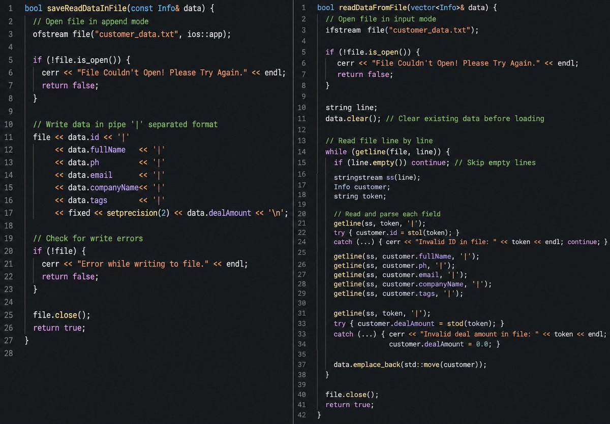BuildWithMrinal's tweet photo. Here's a look at the actual File I/O implementation! 🛠️

Using stringstream with | delimiters to parse strings back into types with stol() / stod(), and saving new records with ios::app mode. Simple and effective persistence! 💻 https://t.co/3uSZfFsCOW