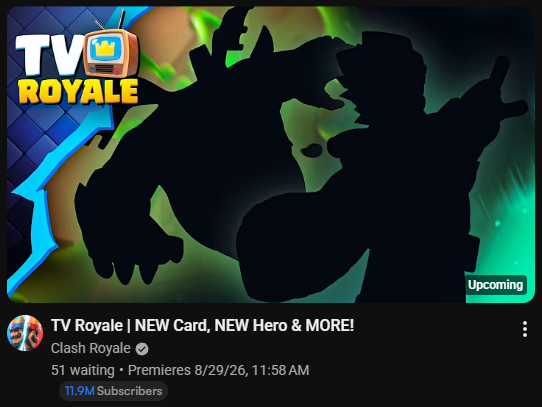 Dcmat's tweet photo. Clash Royale has scheduled tomorrow's TV Royale revealing the shapes of the NEW Card and NEW Hero 😱 https://t.co/m3opyScxI1