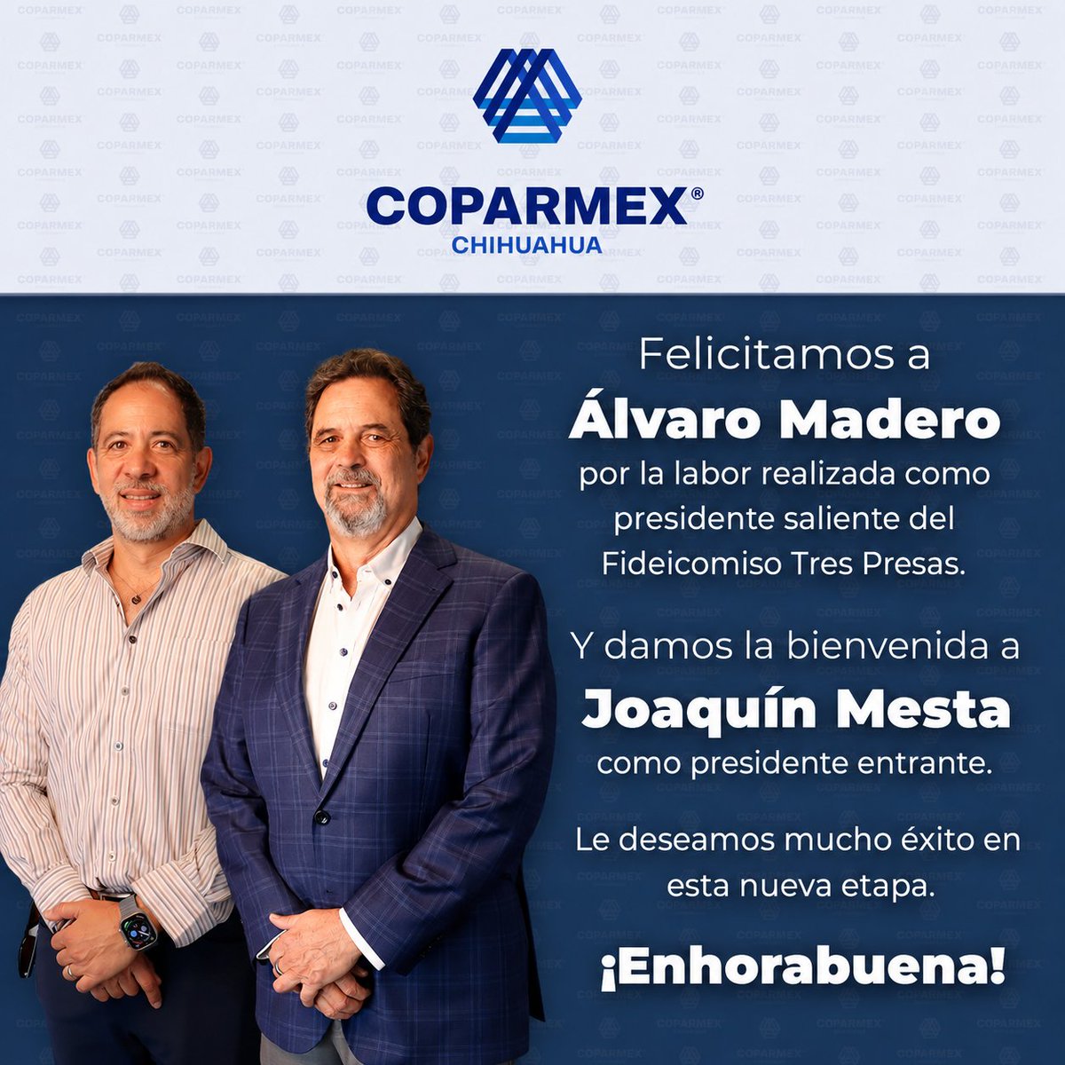CoparmexCUU's tweet photo. 🤝🌿 En COPARMEX Chihuahua reconocemos la entrega y compromiso de Álvaro Madero al frente del Fideicomiso Tres Presas.

Asimismo, damos la bienvenida a Joaquín Mesta en esta nueva responsabilidad, deseándole el mayor de los éxitos. 👏✨

#COPARMEXChihuahua #TresPresas #Chihuahua https://t.co/xKXEXeWVU6