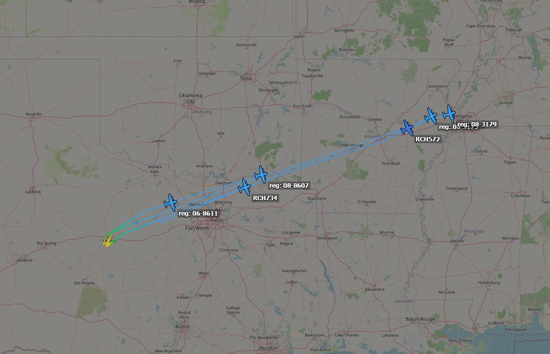 AUX_OSINT's tweet photo. 6x C-130J from the 317th Airlift Wing based at Dyess AFB (KDYS) on their way for a scheduled unit deployment, stopping on the East Coast before moving on.

#AE4AF4 - 08-3179 - RCH571
#AE4E09 - 08-5715 - RCH572
#AE4AF0 - 08-3175 - RCH573?
#AE220E - 08-8607 - RCH733
#AE4AF5 - 08-5675 - RCH734
#AE1BED - 06-4611 - RCH735

📸: Ian Howat